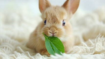 Poster -   A close-up shot of a rabbit holding a green leaf in its mouth against a snowy white backdrop