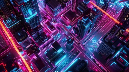 city block map made out of futuristic neon tube lights, top down view --ar 16:9 Job ID: 5899ec1c-c99b-48e8-9d29-18b848484b47