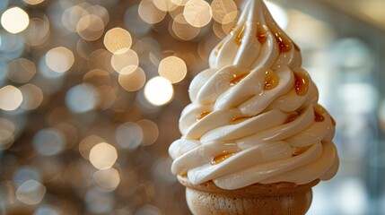 Poster -   A cupcake in close-up, with white icing and caramel drizzle