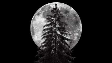 black and white landscape, a small island illuminated by the moonlight and the reflection of the moo