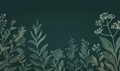 Canvas Print - dark green background illustration with beautiful thin outline plants in light colors and some blank space