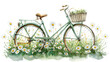 Watercolor illustration of green bike with daisy in the basket