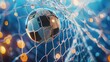 A dynamic image of a soccer ball flying into the goal, visibly bending the net with its momentum.

