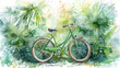 Watercolor illustration of green bike with tropical plant background, travel concept
