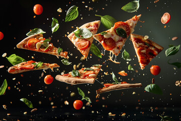 Wall Mural - A deconstructed pizza, with floating slices and toppings, Flying Food shot, studio lighting 