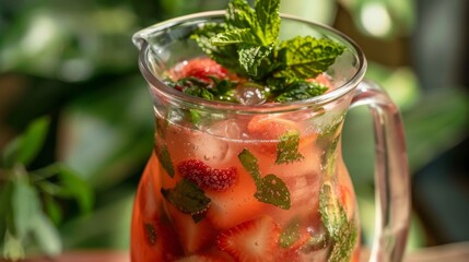 Poster - A refreshing pitcher of strawberry lemonade garnished with fresh mint leaves, offering a thirst-quenching and flavorful beverage option.