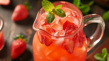 Poster - A refreshing pitcher of strawberry lemonade garnished with fresh mint leaves, offering a thirst-quenching and flavorful beverage option.