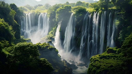 Wall Mural - Majestic Waterfall Surrounded by Lush Green Trees