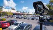 A security camera installed in a parking lot, providing surveillance to prevent vandalism and ensure vehicle safety.