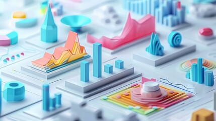 A 3D illustration of a variety of graphs and charts in pastel colors on a white surface.