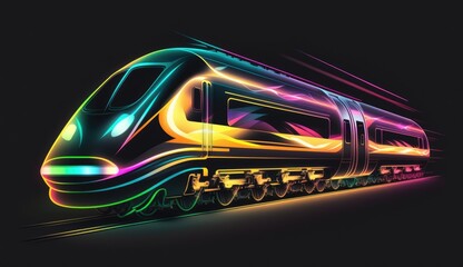 Canvas Print - an illustration futuristic train with sleek lines and colorful lights, set against a dark, neon-inspired design of a glowing, abstract background