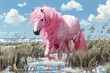A beautiful pink horse with long flowing mane and tail, walking through a grassy field towards the ocean.
