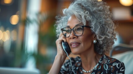 Wall Mural - A woman talking on the phone with an insurance agent, discussing life insurance policies and coverage options in a reassuring and informative manner.