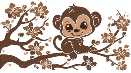 Sticker -   A monkey sits on a flower-laden tree branch against a white backdrop