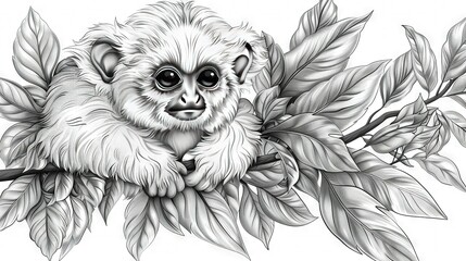 Poster -   A monkey perched atop a tree branch, with leaves adorning its back in shades of black and white