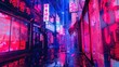 An evocative image capturing a wet alley bathed in neon lights, reflecting a contemporary urban night scene