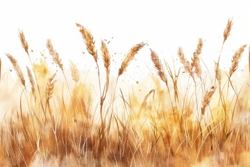 watercolor wheat field, white background, light beige and gold colors Generative AI