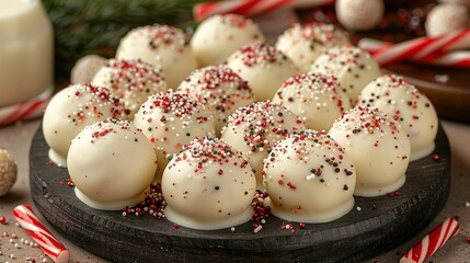 Poster -   A platter of white chocolate truffles, adorned with sprinkles and candy canes, graced the table