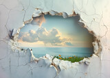 Fototapeta  - Coastal Meadow View Through Crumbled Wall. A large hole in a wall with a beautiful view of the ocean and a field of flowers
