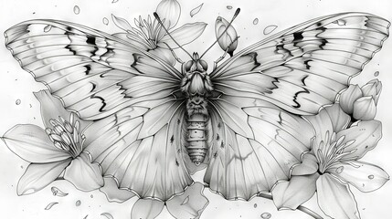 Sticker -   Black-and-white illustration of a butterfly on a flower with water droplets from its wings