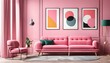 Mockup poster frame on the wall of living room. pink wall of living room, Luxurious apartment background with contemporary design. Modern interior design. 3D render, 3D illustration, photo, 3d render