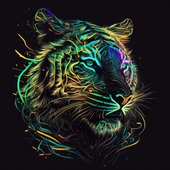 Canvas Print - a closeup abstract tiger with intricate details and neon-colored patterns, an abstract neon design of a glowing, set against a dark, abstract background