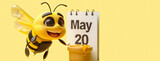 Fototapeta  - Cheerful Bee Flying Near Calendar and honey pot on yellow background. May 20, World bee day concept