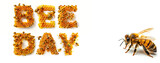 Fototapeta  - Honey bees are hovering over a honeycomb that spells out the  word 