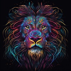 Poster - a creative abstract lion with intricate details and neon-colored patterns, set against a dark, abstract background