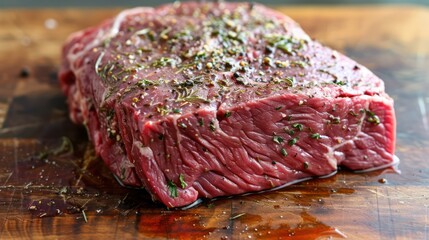 Close-up of a succulently raw beef steak embellished with a sprinkle of spices and fresh herbs ready for cooking