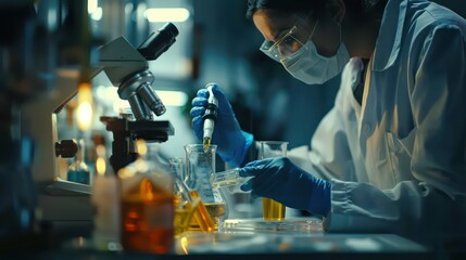 Poster - A focused laboratory technician with obscured face pipetting a liquid into a glass test tube amidst scientific equipment