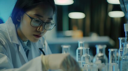Poster - A scientist pipettes a liquid into test tubes among various laboratory glassware and equipment