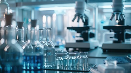 Poster - A modern laboratory filled with glassware, microscopes, and scientific equipment showcasing innovation