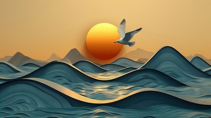 Wall Mural -   A bird soaring above water, with majestic mountains and a golden sun behind it