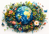 Fototapeta  - Global Biodiversity: Earth's Floral and Faunal Harmony. Flowery and diverse world map with a variety of animals and plants.International Day for Biological Diversity 22 may