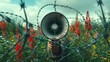 a man holding a megaphone in front of a field of flowers