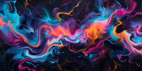 Poster - Vibrant Neon Swirls on Dark Background - Abstract Colorful Artistic Design