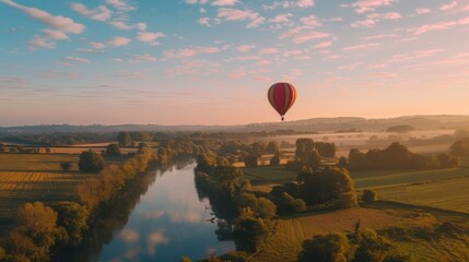 Poster - A tranquil aerial view of a picturesque countryside with a hot air balloon drifting gracefully through the sky, offering a serene mode of travel.