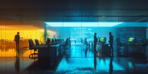 Poster - Futuristic Office Employees Using Holographic Technology in Workplace Scene.