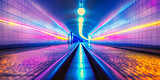 Fototapeta  - Abstract rainbow neon blurred background. Vibrant light trails on an empty highway leading to a sunrise