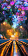 Dazzling bokeh bubbles hover over glistening tracks against a soft sunset backdrop.blurred background