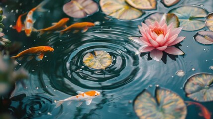 Poster - A tranquil water feature with radiant goldfish swimming gracefully beneath the surface, symbolizing prosperity and abundance.
