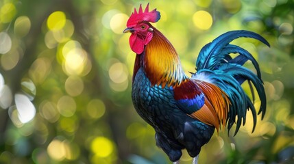 An image of an elegant rooster standing with a glowing bokeh light background emphasizing its stunning features