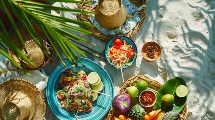 Poster - A tropical beach picnic featuring som tam salad, the perfect accompaniment to a day of sun, sand, and sea.