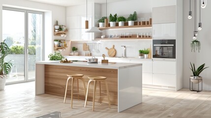 this bright and airy kitchen space boasts contemporary design with minimalist fixtures and a welcomi