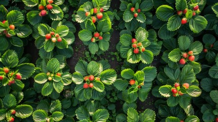 Poster - An aerial view of a strawberry field in full bloom, with rows of lush green plants dotted with bright red fruits.