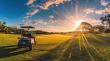 Fototapeta  - Panorama of golf cart on beautiful golf course at sunset