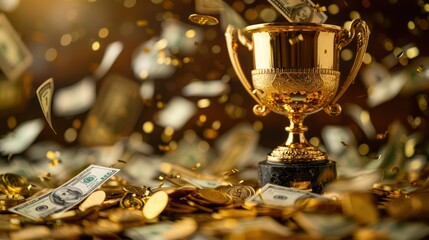 A golden trophy cup bathed in light with a shower of money and coins all around it, symbolizing financial success