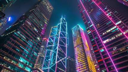 Aufkleber - An architectural masterpiece of a skyscraper illuminated by vibrant LED lights at night, adding a touch of glamour and spectacle to the urban skyline.