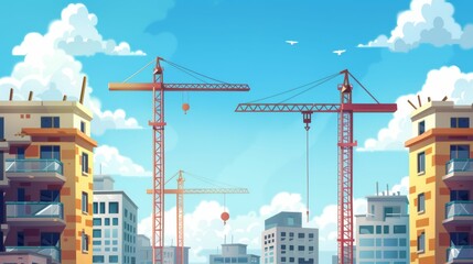 Wall Mural - A city skyline with two cranes in the foreground, one on the left